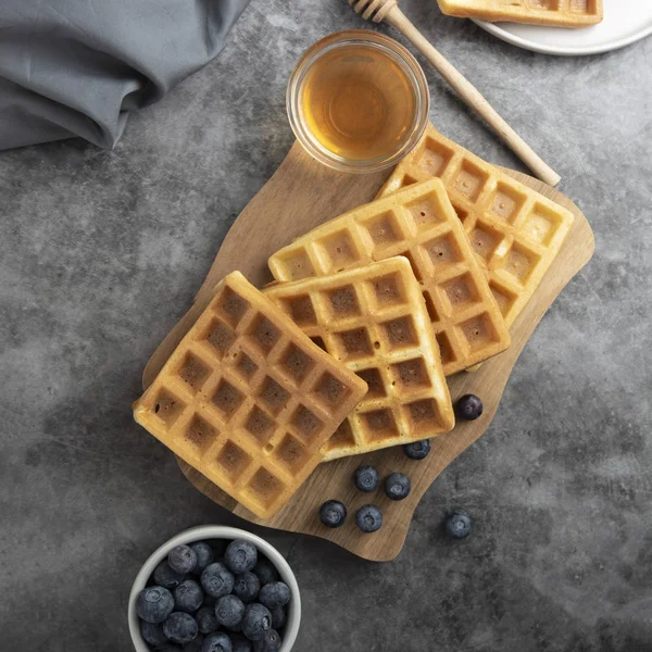 Stack Belgian Waffles Blueberry Honey Breakfast Delicious Homemade Pastry Dark — Stock Photo, Image