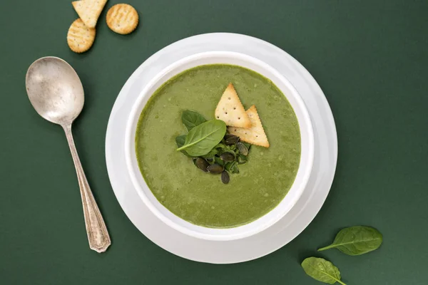 Cremige Gemüsesuppe Gesunder Spinat Brokkoli Vegetarische Detox Kost Grüner Hintergrund — Stockfoto