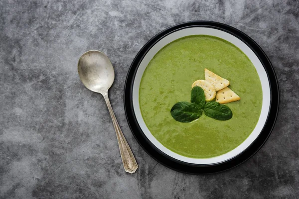 Cremige Gemüsesuppe Gesunder Spinat Brokkoli Vegetarische Detox Kost Grüner Hintergrund — Stockfoto