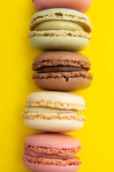 Colorful Abstract Background Traditional French Macaroons Cookies Yellow Background Copy — Stock Photo, Image