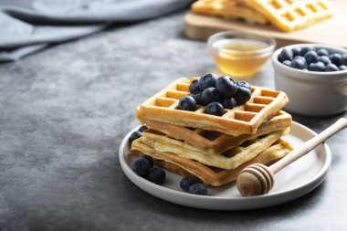 Kahvaltıda yaban mersinli ve ballı Belçika waffle 'ı. Lezzetli ev yapımı hamur işi. Koyu arkaplan.