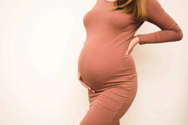 Beautiful Pregnant Woman Hands Her Pregnant Belly Copy Space Motherhood — Stock Photo, Image