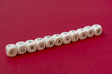 Coronavirus 'un kırmızı arka planda tahta bloklardan yaptığı metin cümlesi. Coronavirus 2019-nCoV romanından..