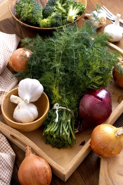 Absztrakt Élelmiszer Háttér Aromás Fűszernövények Hagyma Kapor Fokhagyma Háttér — Stock Fotó