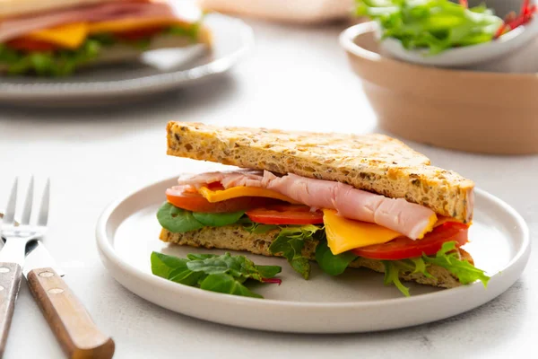 Club Sandwich Meat Ham Lettuce Cheese Sandwiches Toasted Bread — Stock Photo, Image
