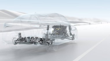 Şehir araba yapı genel bakış sürüş sırasında. 3D çizim