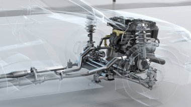 Şehir araba yapı genel bakış sürüş sırasında. 3D çizim