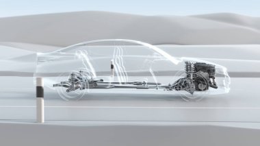 Şehir araba yapı genel bakış sürücü sırasında soyut. Opaklık tasarım 3d çizim