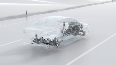 Şehir araba yapı genel bakış sürücü sırasında soyut. Opaklık tasarım 3d çizim