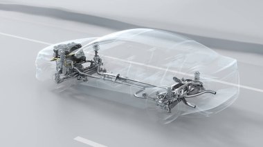 Şehir araba yapı genel bakış sürücü sırasında soyut. Opaklık tasarım 3d çizim