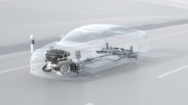 Şehir araba yapı genel bakış sürücü sırasında soyut. Opaklık tasarım 3d çizim