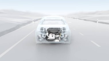 Şehir araba yapı genel bakış sürücü sırasında soyut. Opaklık tasarım 3d çizim