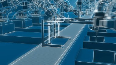 Robotik Kol 3D yazıcı üzerinde Konveyör bant montaj 3d çizim
