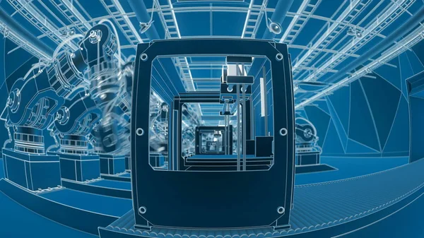 Роботизированный принтер на конвейерной ленте 3d иллюстрации — стоковое фото