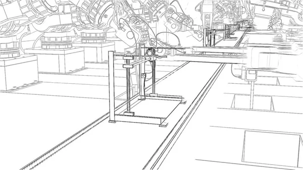 Braço robótico que monta a impressora 3d na ilustração 3d da correia transportadora — Fotografia de Stock