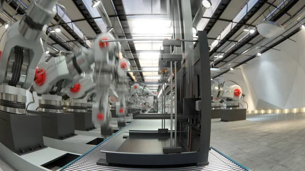 Roboterarm zur Montage von 3D-Druckern auf Förderbändern 3D-Illustration Stockbild
