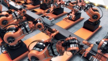 Robot Fabrikası 3D printerlere harcama maddeler montaj bandında. 3D çizim