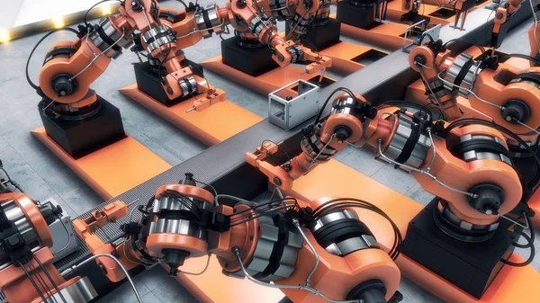 Robot Fabrikası 3D printerlere harcama maddeler montaj bandında. 3D çizim