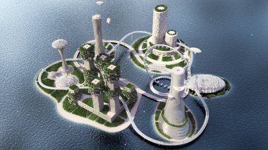 kavram gelecekteki şehir manzarası. Fütüristik iş görme kavramı. 3D çizim