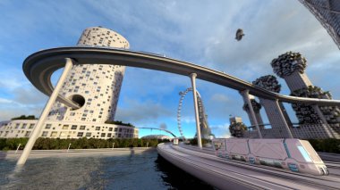 kavram gelecekteki şehir manzarası. Fütüristik iş görme kavramı. 3D çizim