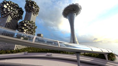 kavram gelecekteki şehir manzarası. Fütüristik iş görme kavramı. 3D çizim