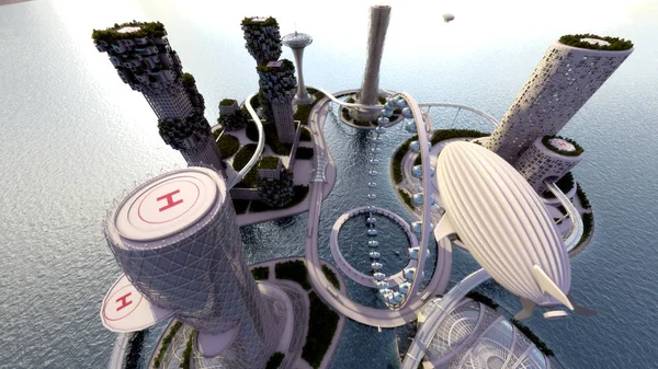 Koncepce budoucí městské panorama. Futuristické vize koncepce. 3D obrázek — Stock fotografie