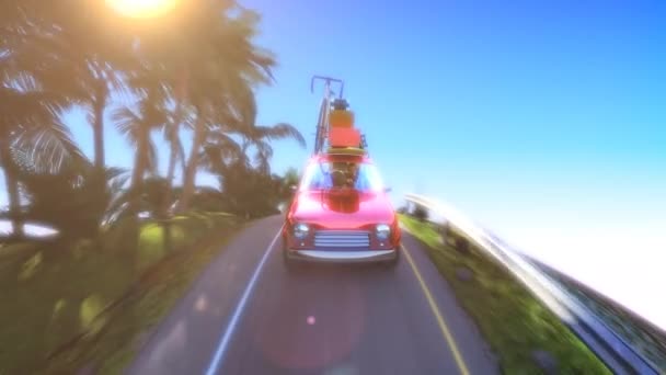 Abstract cartoon car traveling with a roof rack on a mountain road. 4k animation — Stock Video