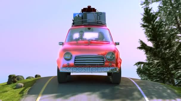 Abstract cartoon car traveling with a roof rack on a mountain road. 3d illustration — Stock Video