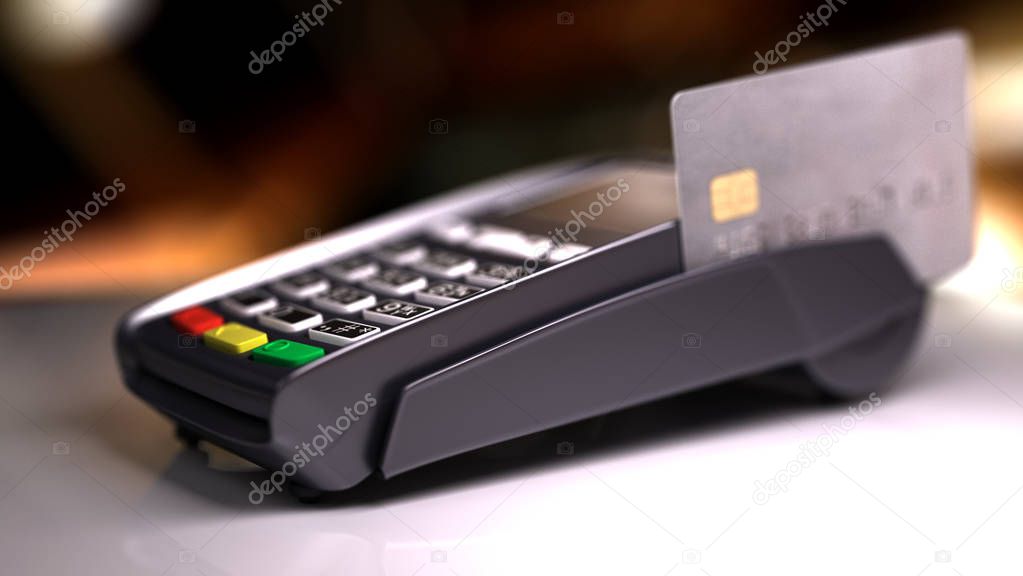 Credit Card Reader with card passed. 3d illustration