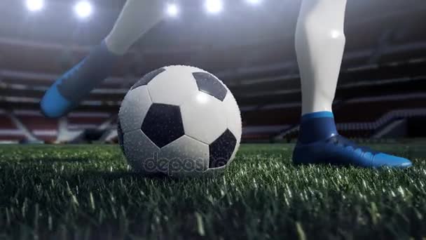 close up view of soccer ball and player leg. shooting to the goal in slow motion