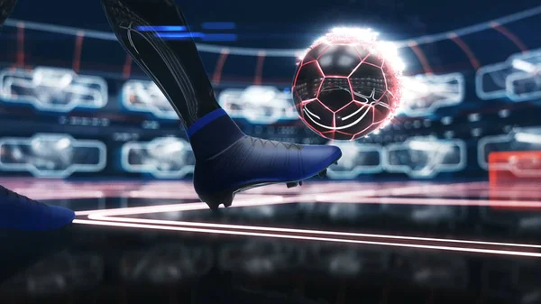 Voetbal drijvend in ruimte aan doel met neon schot effect 3d illustratie — Stockfoto