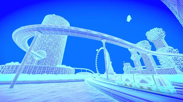 kavram gelecekteki şehir manzarası. Fütüristik iş görme kavramı. 3D çizim.