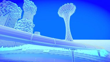 kavram gelecekteki şehir manzarası. Fütüristik iş görme kavramı. 3D çizim