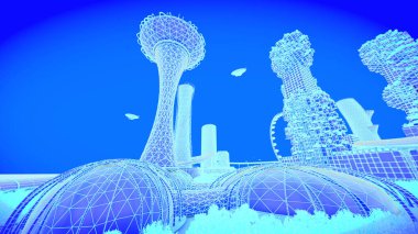 kavram gelecekteki şehir manzarası. Fütüristik iş görme kavramı. 3D çizim