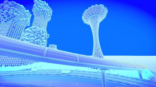 kavram gelecekteki şehir manzarası. Fütüristik iş görme kavramı. 3D çizim