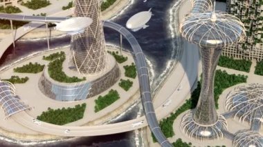 Gelecek şehir. Ofis binaları. Kentsel trafik