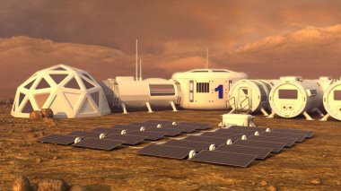 Mars gezegeni uydu istasyonu yörüngesine temel Mars koloni uzay manzara. Nasa tarafından döşenmiş bu görüntü unsurları.