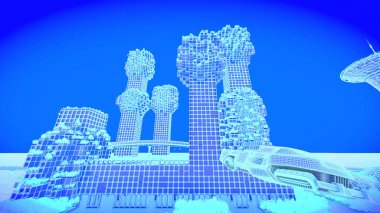 Ofis Binası. Kavram gelecekteki şehir manzarası. Fütüristik iş görme kavramı. 3D çizim.