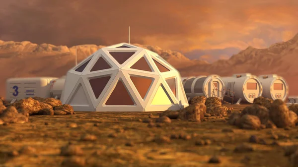 Depo. Mars'ta koloni. Mars'ta özerk yaşam. 3D render