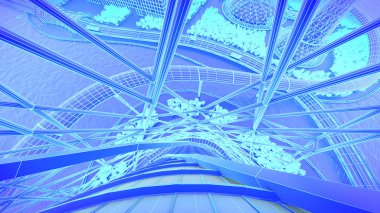 Yapıları. Kavram gelecekteki şehir manzarası. Fütüristik iş görme kavramı. 3D çizim.