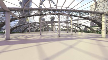 Office. Kavram gelecekteki şehir manzarası. Fütüristik iş görme kavramı. 3D çizim