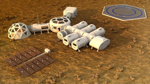 Die Kolonie auf dem Mars. Autonomes Leben auf dem Mars. 3D-Darstellung — Stockfoto