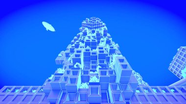Bina. kavram gelecekteki şehir manzarası. Fütüristik iş görme kavramı. 3D çizim.