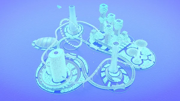 Συνολική αεροπλάνο. Έννοια μελλοντική πόλη στον ορίζοντα. Φουτουριστικό επιχειρηματική ιδέα όραμα. 3D απεικόνιση. — Φωτογραφία Αρχείου