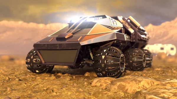 Mars Rover uzay yolculuğu. 3D render — Stok fotoğraf