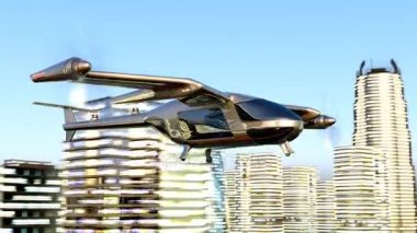 Uçan Taxy dron şehrin içinden gidiyor. 4 k 3d animasyon