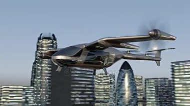 Uçan Taxy dron şehrin içinden gidiyor. 4 k 3d animasyon