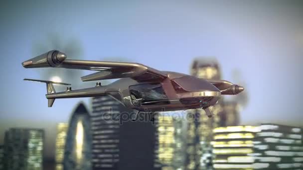 Flying Taxy Drone Going Through the City. 4k 3d animation — Stock Video