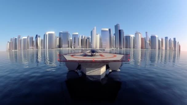 Fliegende Taxi-Drohne mit der City-Linie im Hintergrund, 4k — Stockvideo