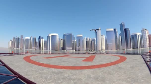 Taxi volant Drone avec le ckyline de la ville en arrière-plan, 4k 